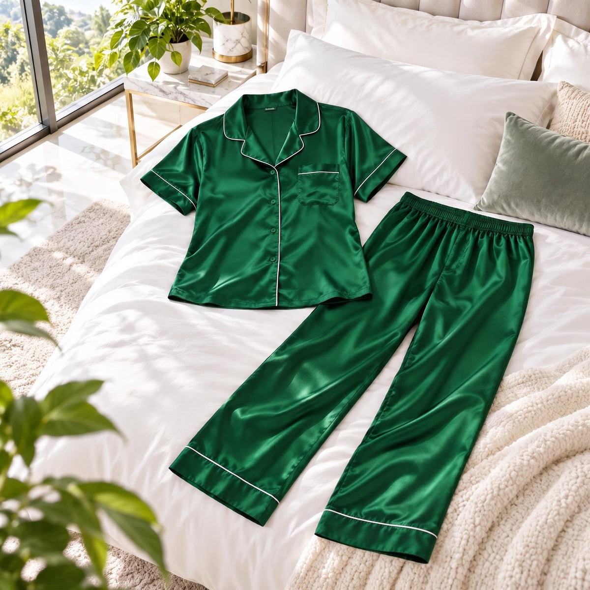 Silk Short Sleeve Pajama Set for Women