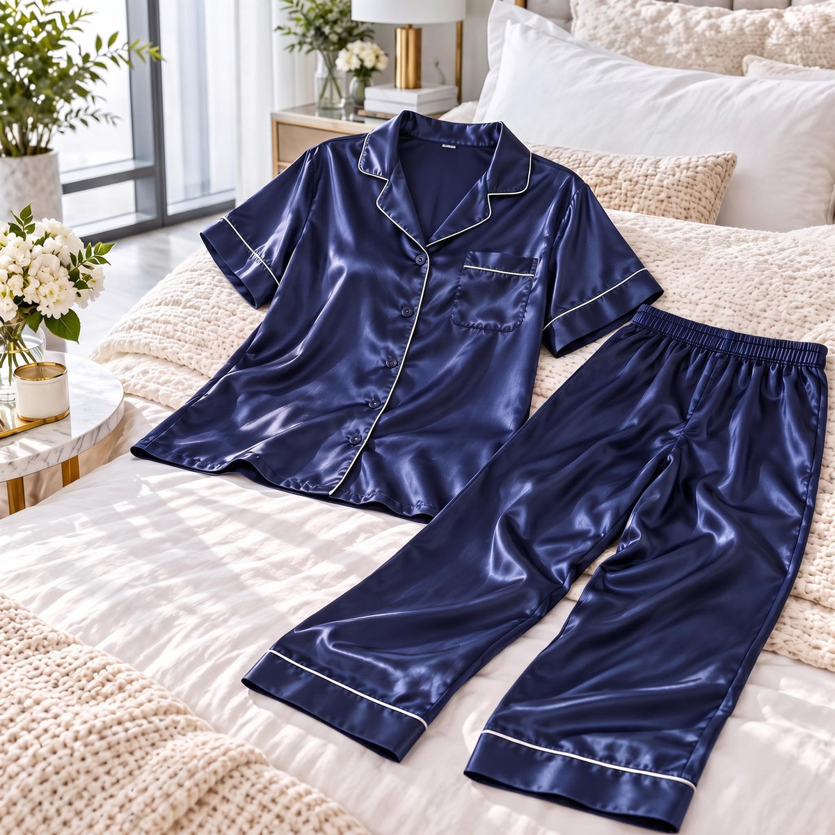 Silk Short Sleeve Pajama Set for Women