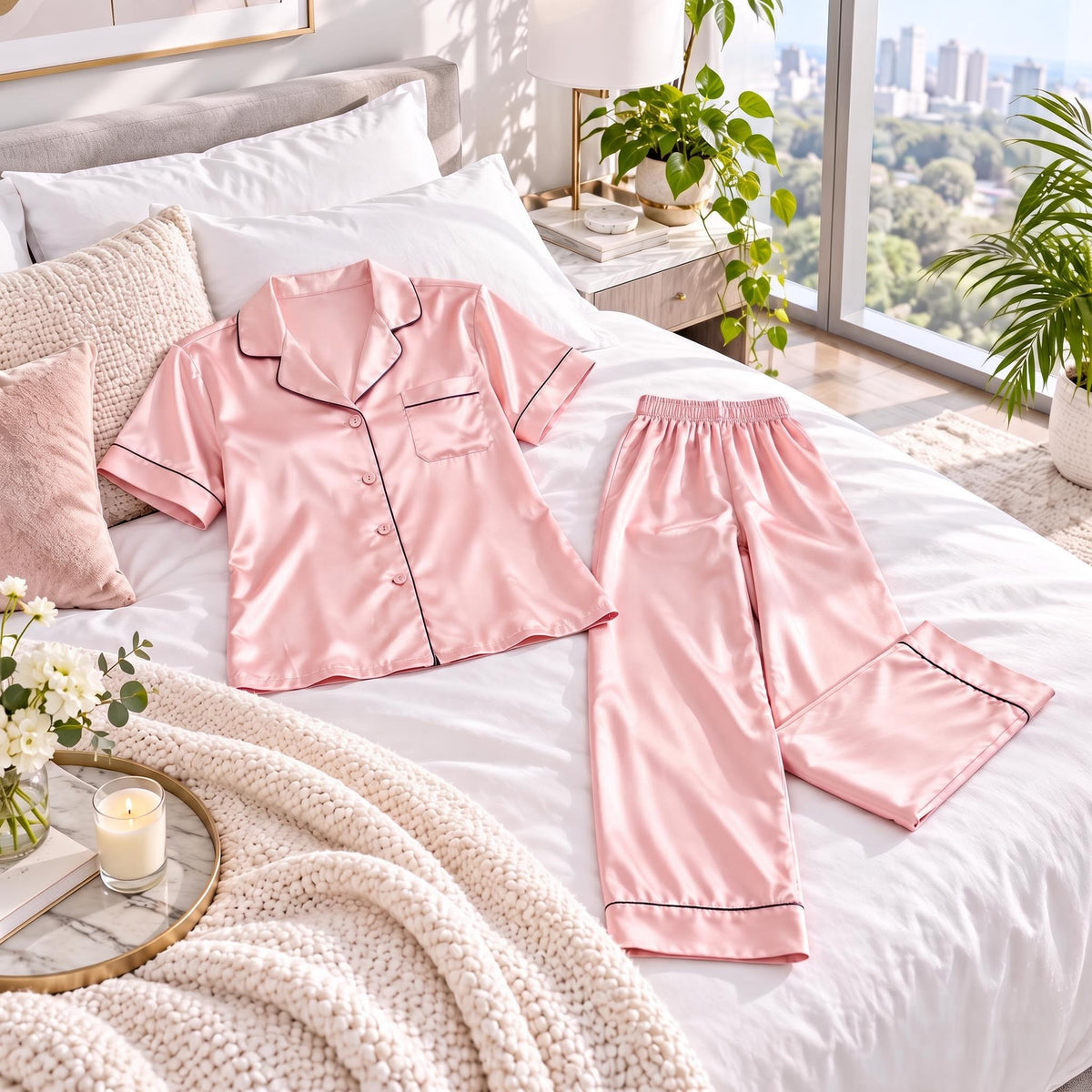Silk Short Sleeve Pajama Set for Women
