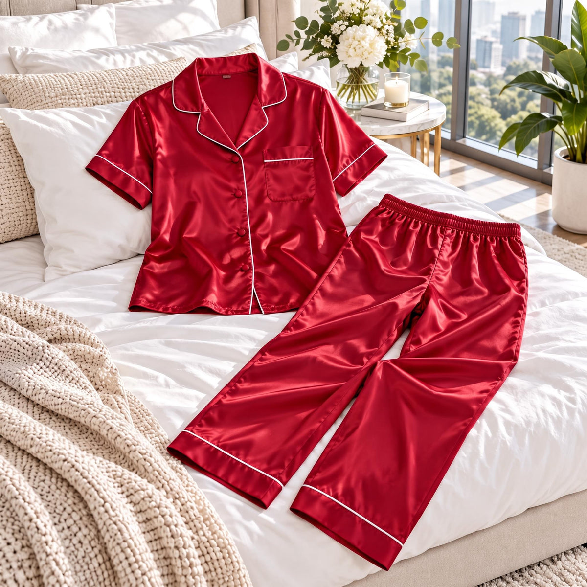 Silk Short Sleeve Pajama Set for Women