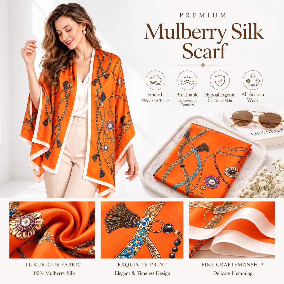 Elegant Printed Silk Scarf for Women, 170x53cm