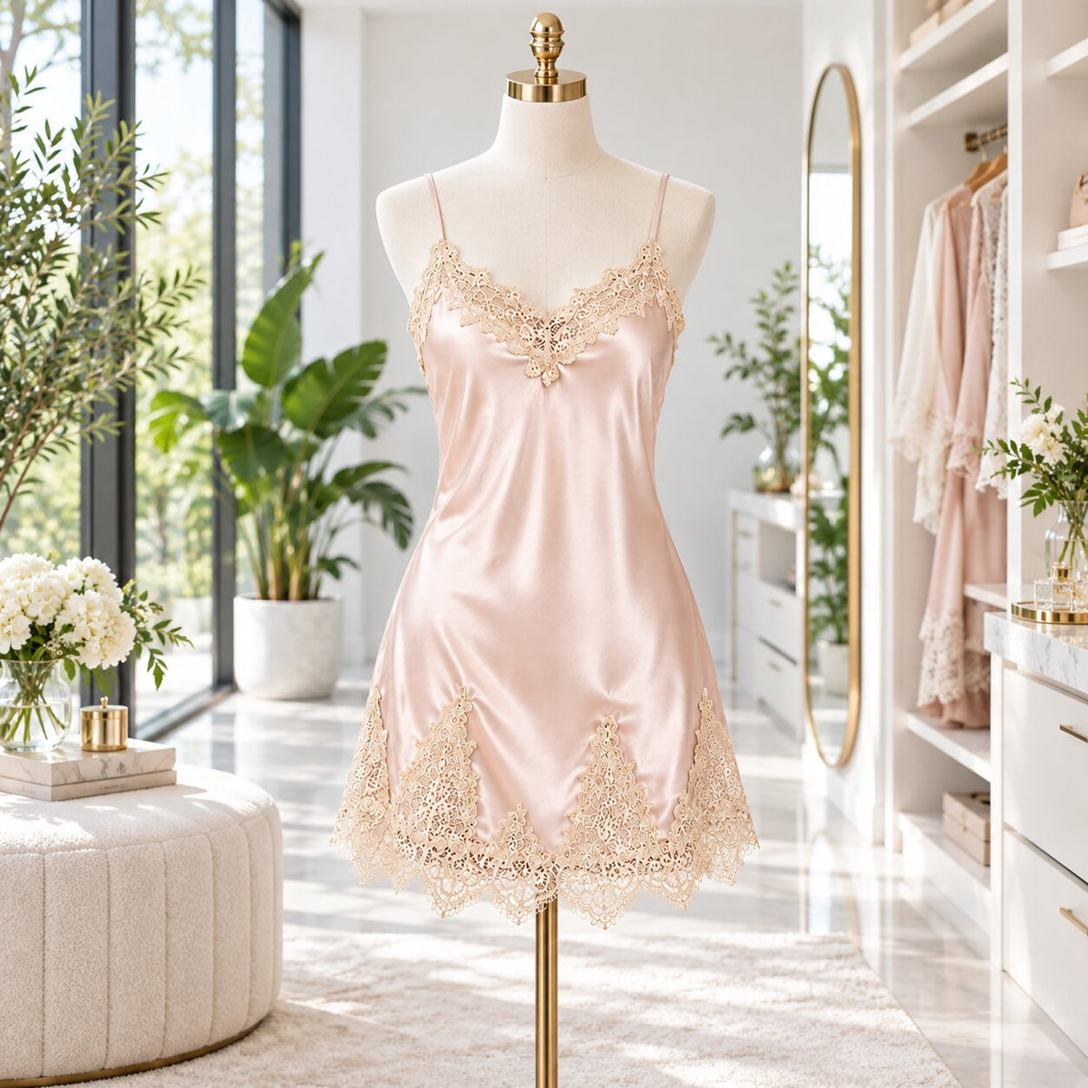 Elegant V-Neck Silk Nightgown for Women with Lace Trim