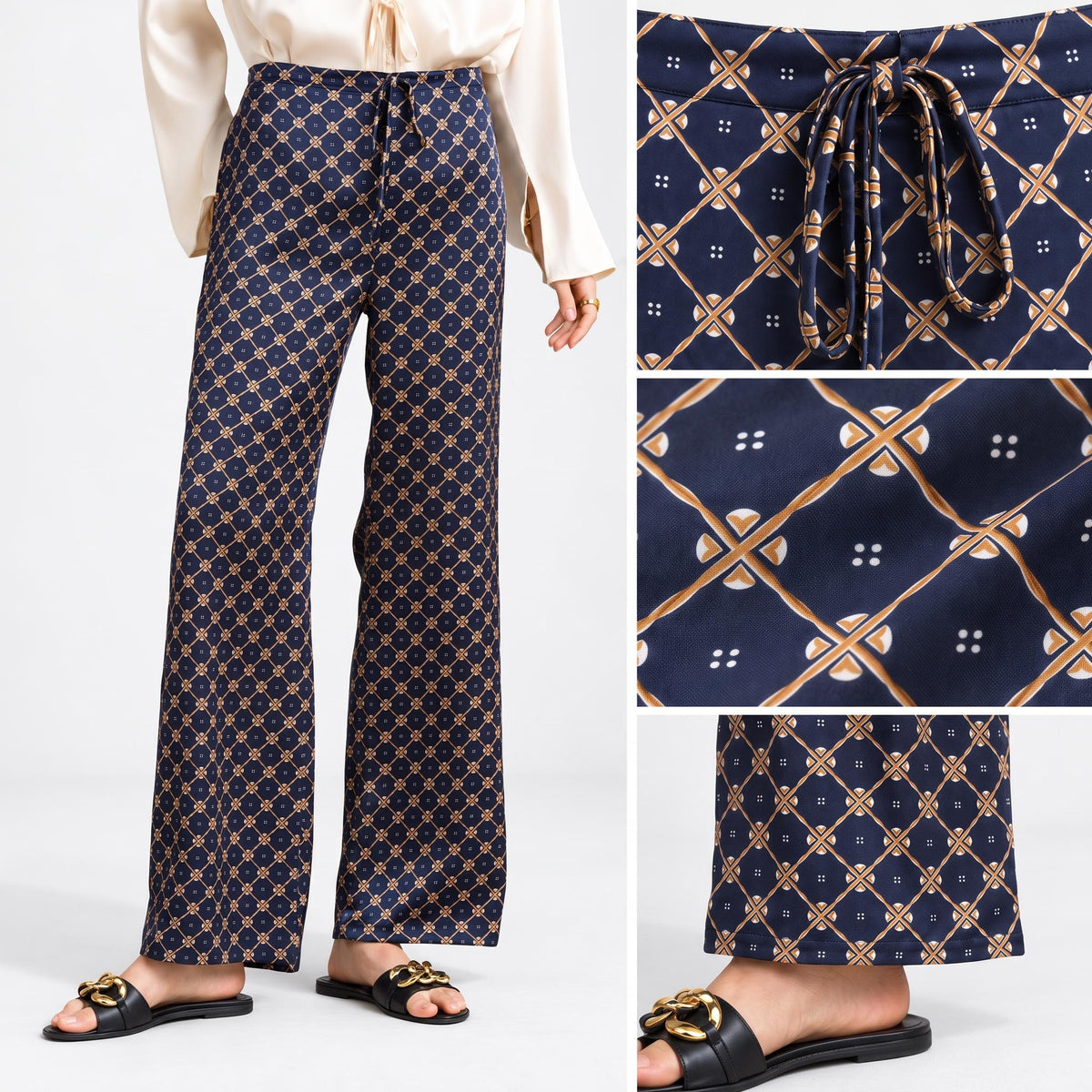 Geometric Print Wide Leg Pants for Women with Adjustable Waist