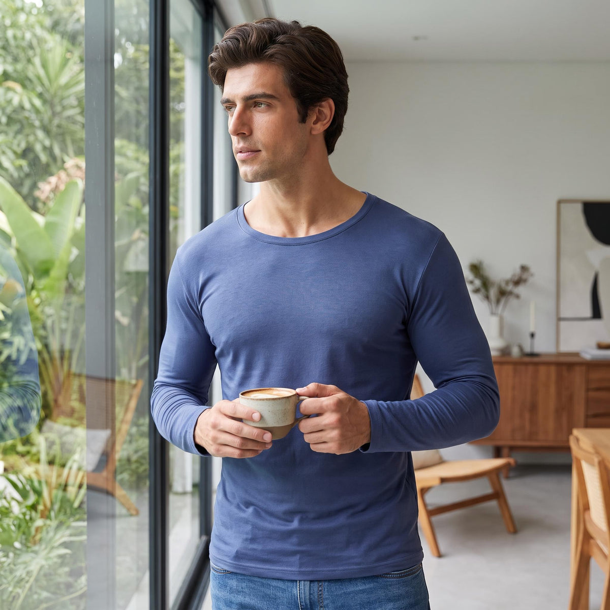 Men's Silk Long Sleeve Crewneck T-Shirt for Comfort and Style