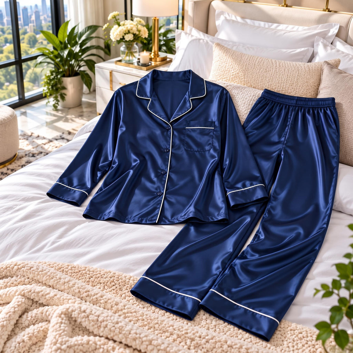 Mulberry Silk Pajama Set for Women with Notch Collar