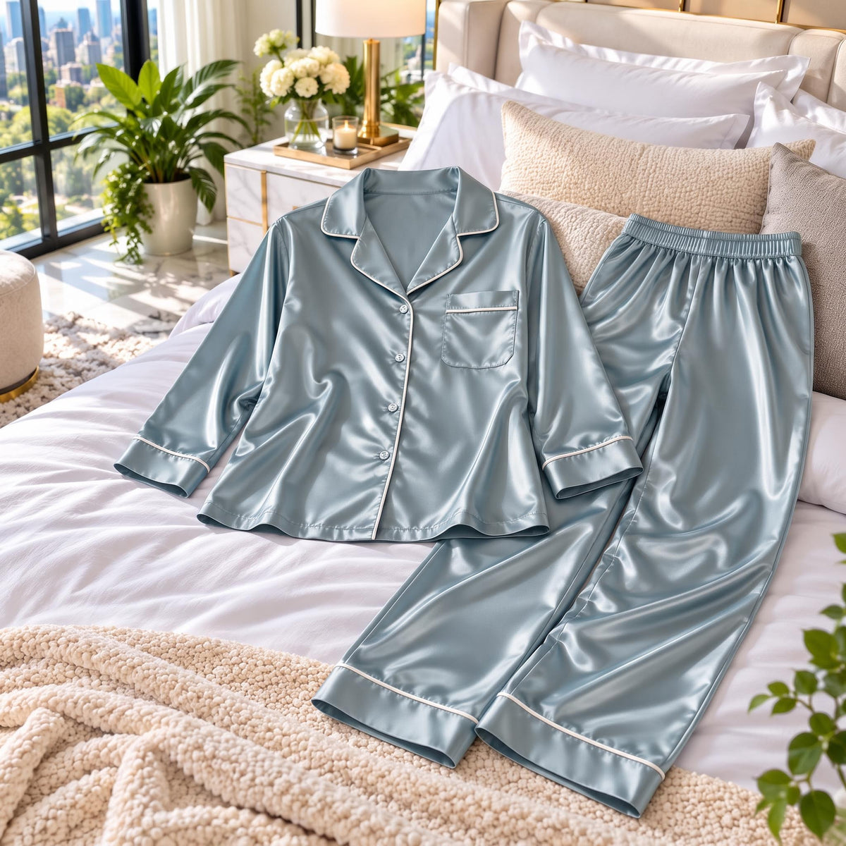 Mulberry Silk Pajama Set for Women with Notch Collar
