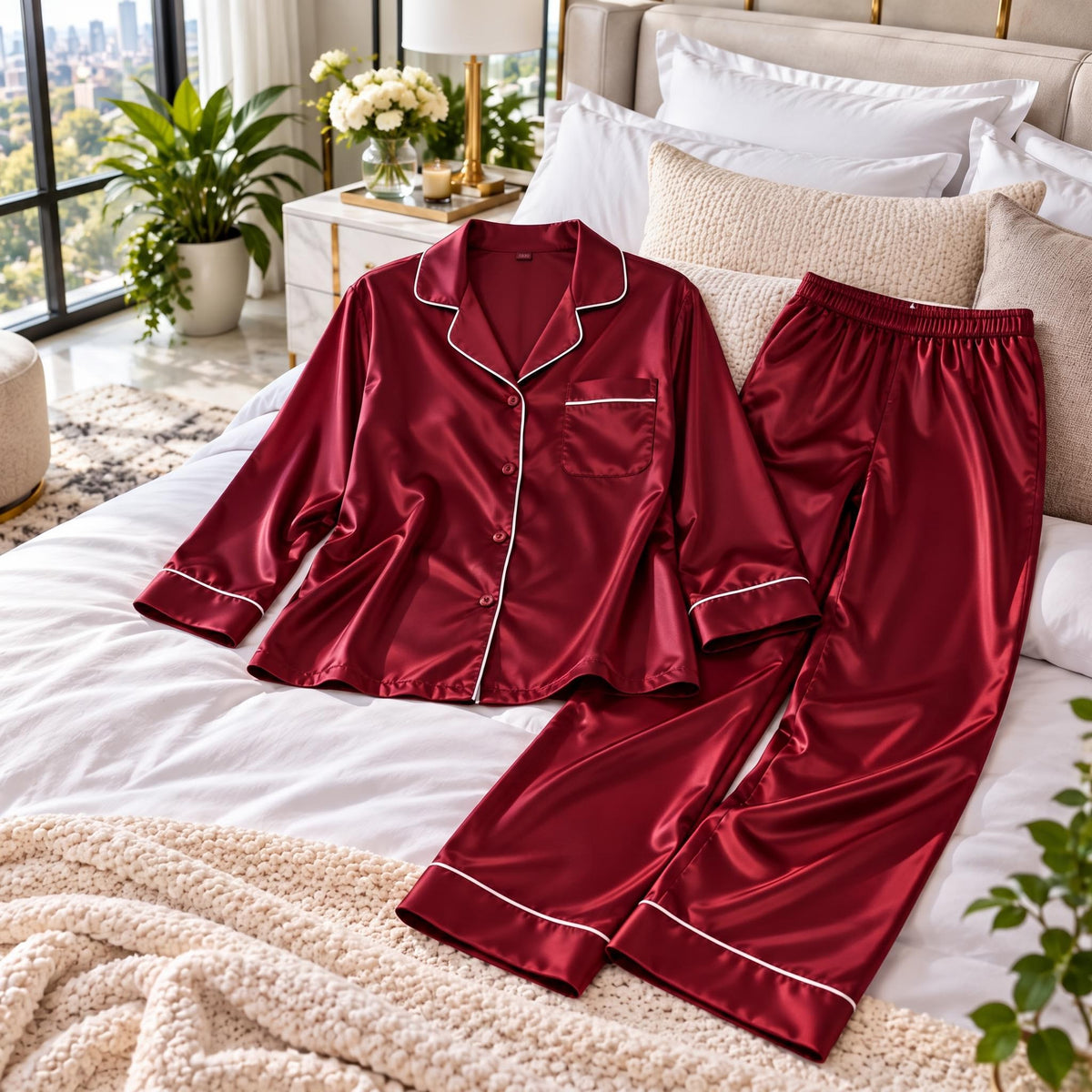 Mulberry Silk Pajama Set for Women with Notch Collar