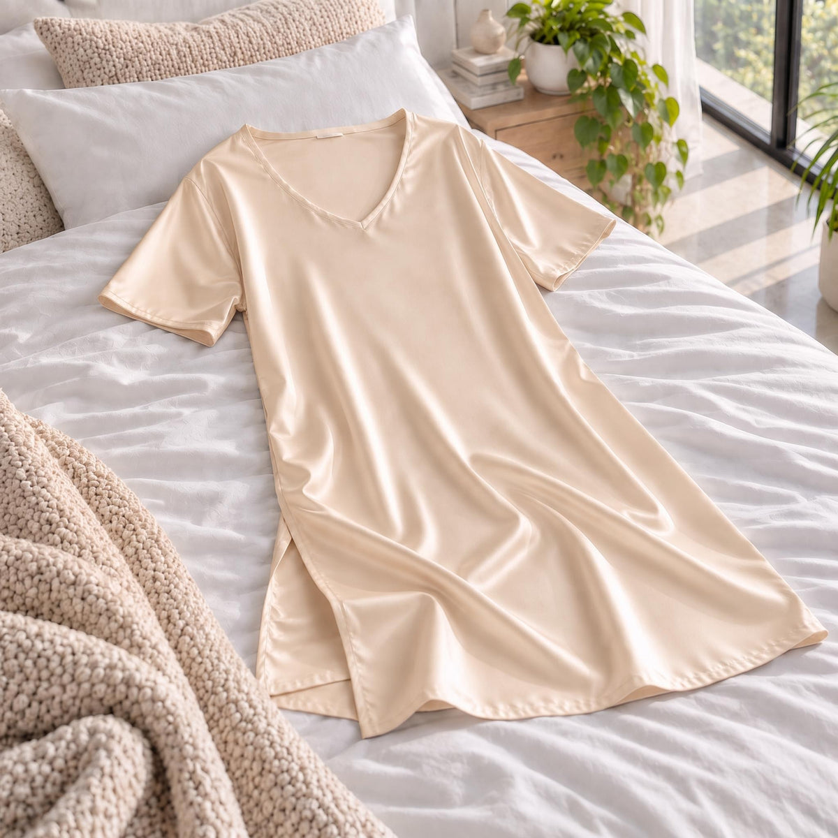 Elegant Silk Nightgown with V-Neck and Half Sleeves for Women