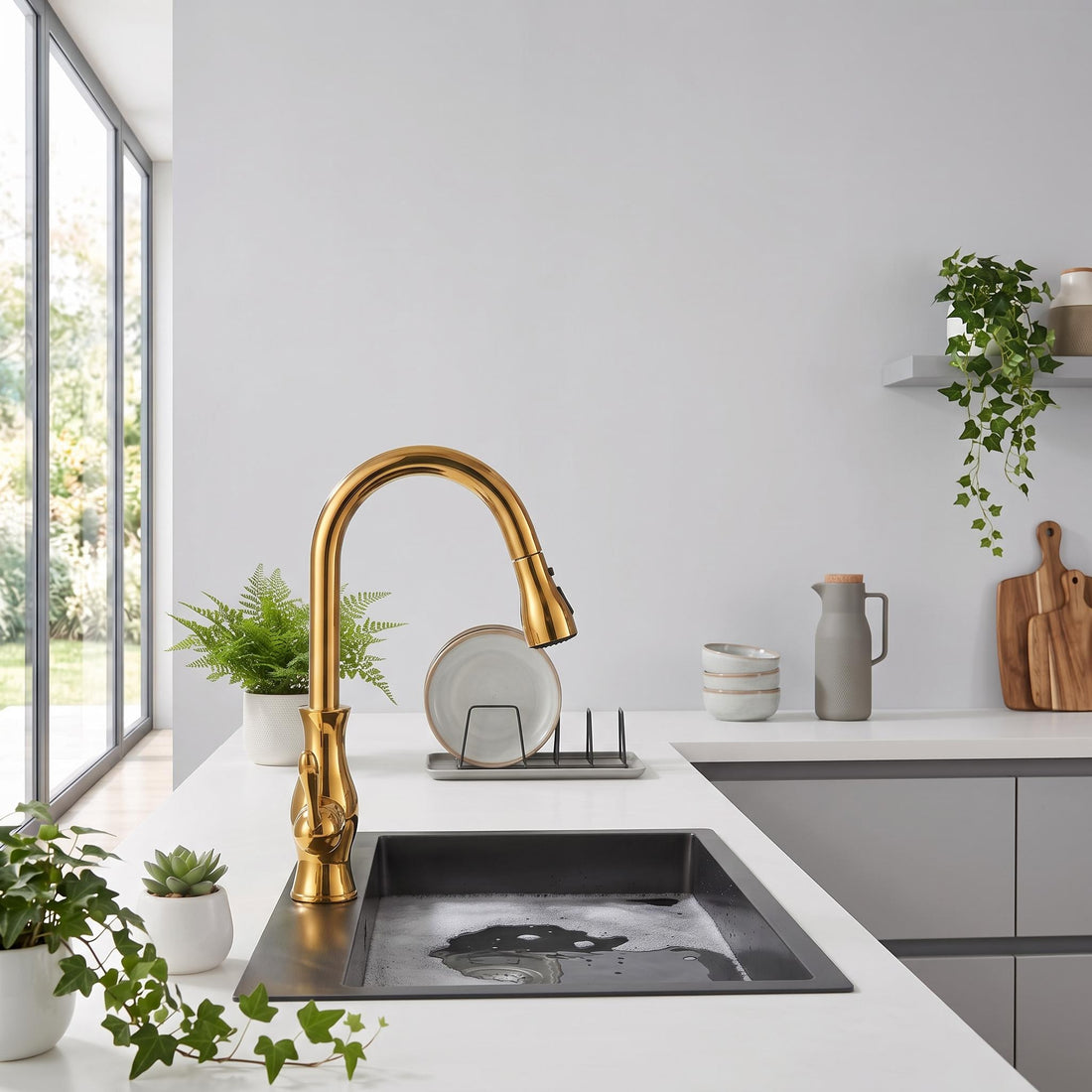 Woman washing a plate in a modern kitchen using a gold-finished, 360-degree rotating pull-out faucet over a black sink.