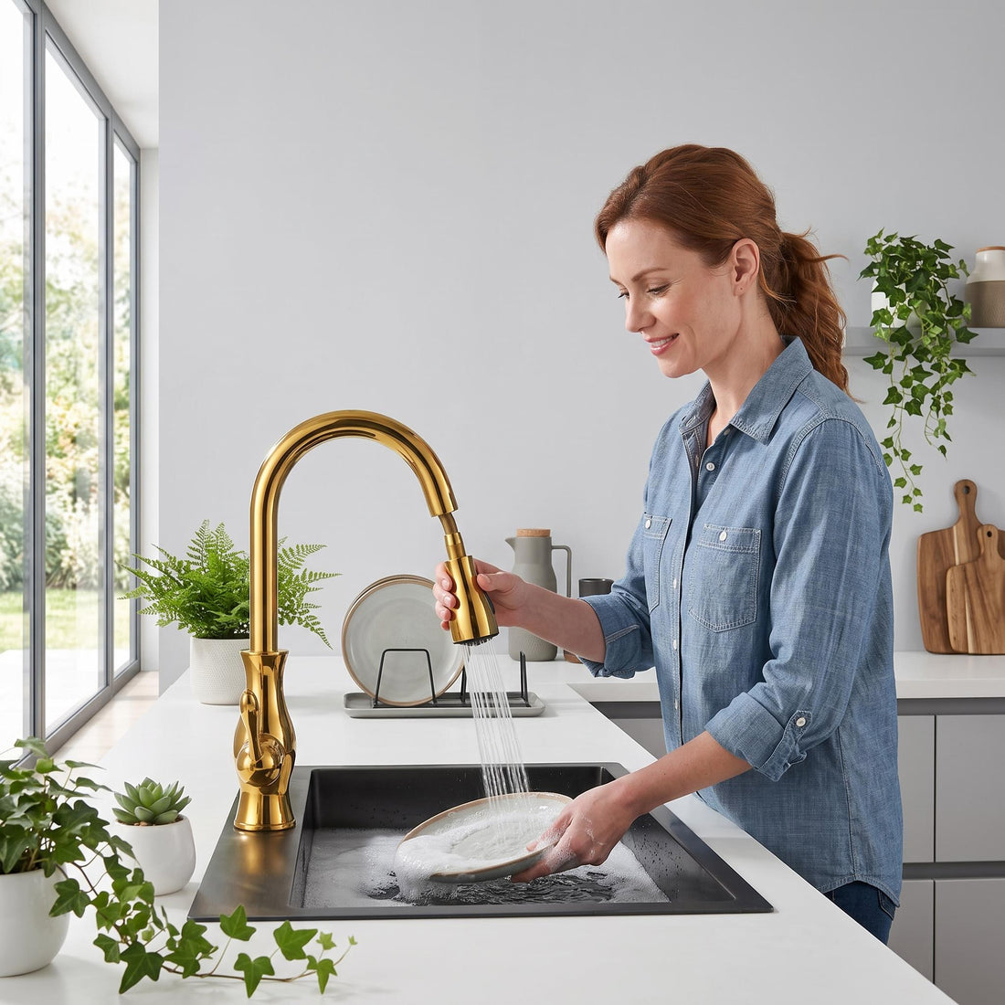Woman washing a plate in a modern kitchen using a gold-finished, 360-degree rotating pull-out faucet over a black sink.