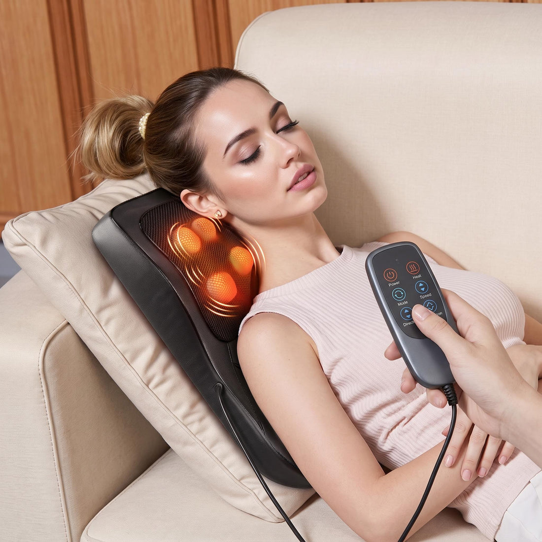 Woman relaxing on a beige sofa using a black 3D kneading neck massage pillow with glowing orange heat nodes and remote.