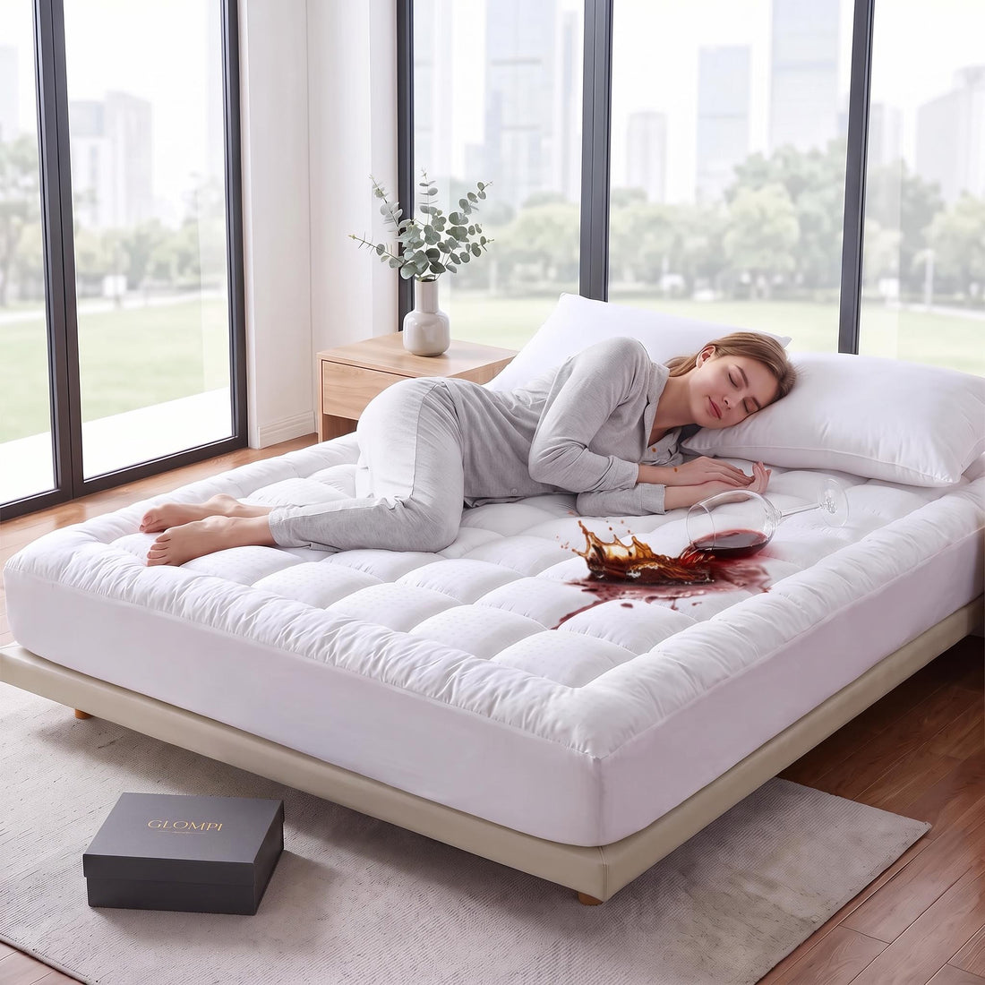 Woman sleeping on a plush 4-inch white quilted waterproof mattress topper with a spilled glass of red wine.