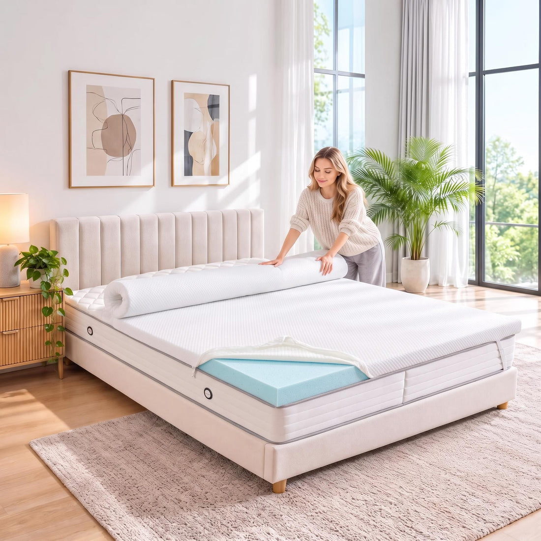 Woman unrolling a 4-inch white cooling gel memory foam mattress topper with a visible blue foam layer on a bed.