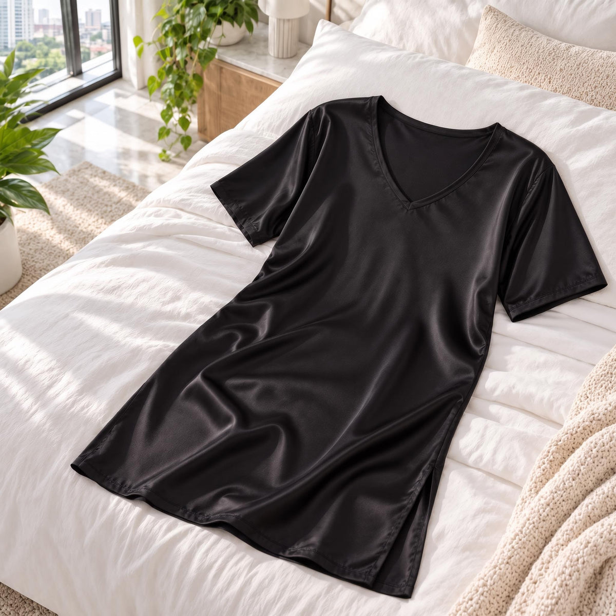 Elegant Silk Nightgown with V-Neck and Half Sleeves for Women