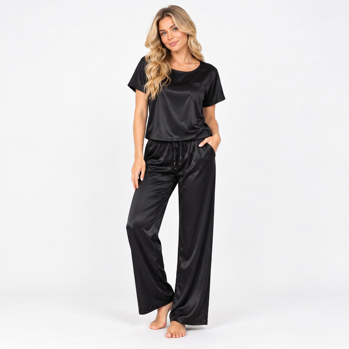 Elegant Silk Pajama Set for Women with Wide-Leg Pants