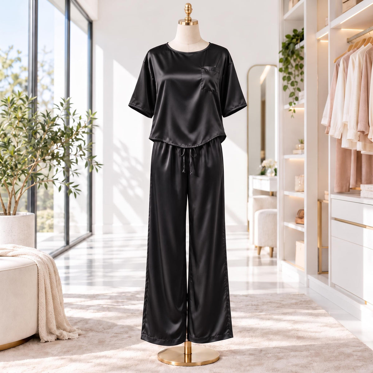 Elegant Silk Pajama Set for Women with Wide-Leg Pants