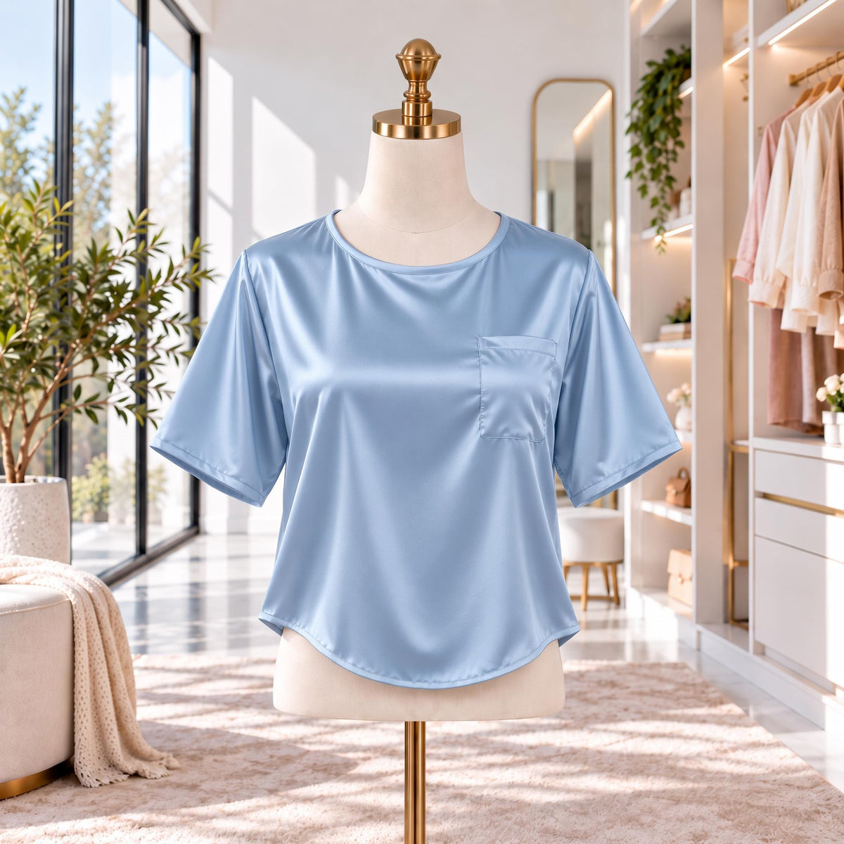 Mulberry Silk Short Sleeve Women's Blouse with U-Neck Design