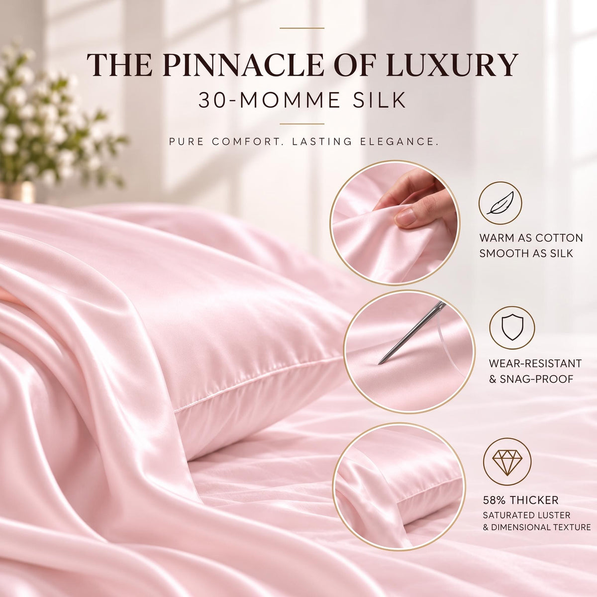 30 Momme Mulberry Silk Pillowcase with Hidden Zipper for Hair