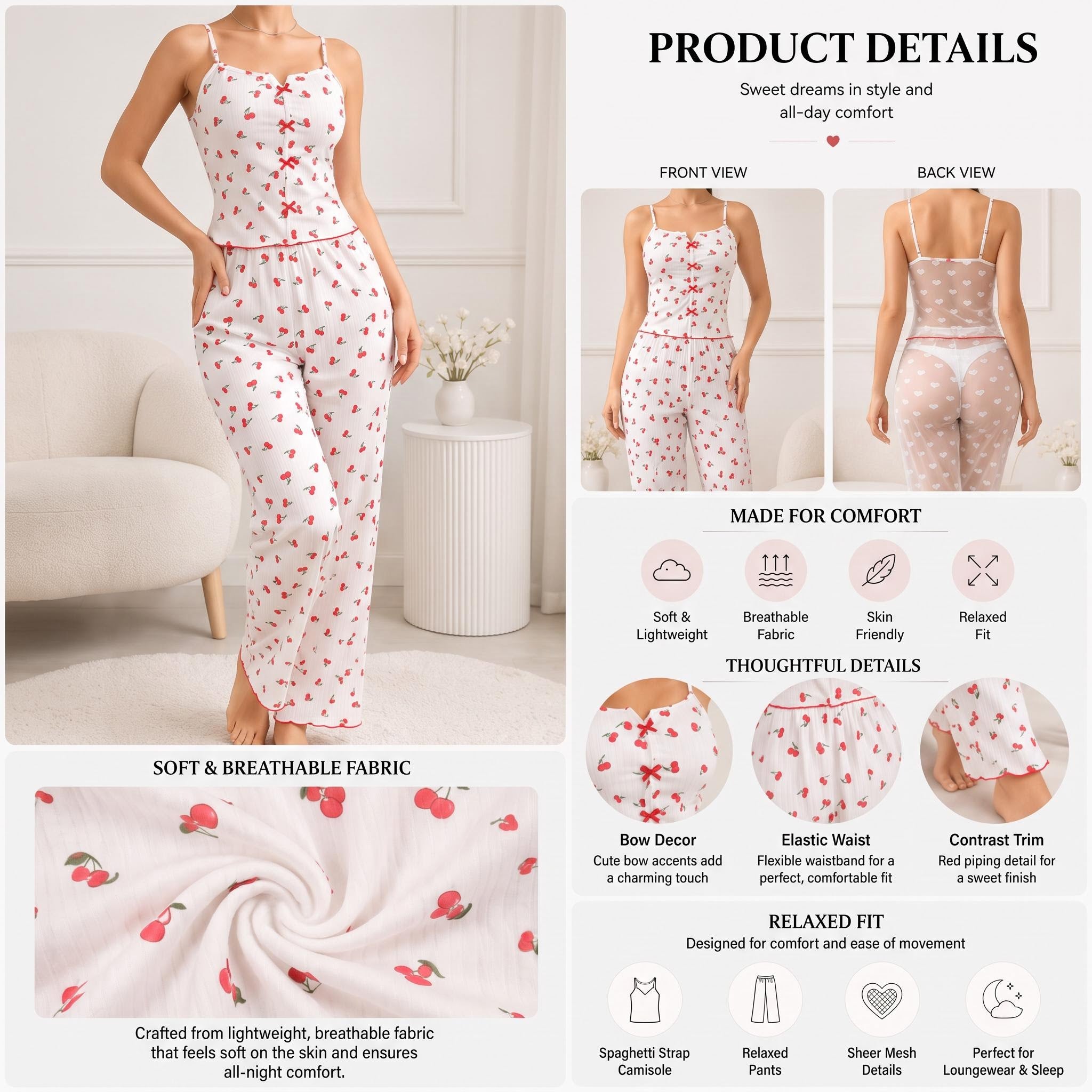 Transparent Mesh Lace Pajama Set for Women