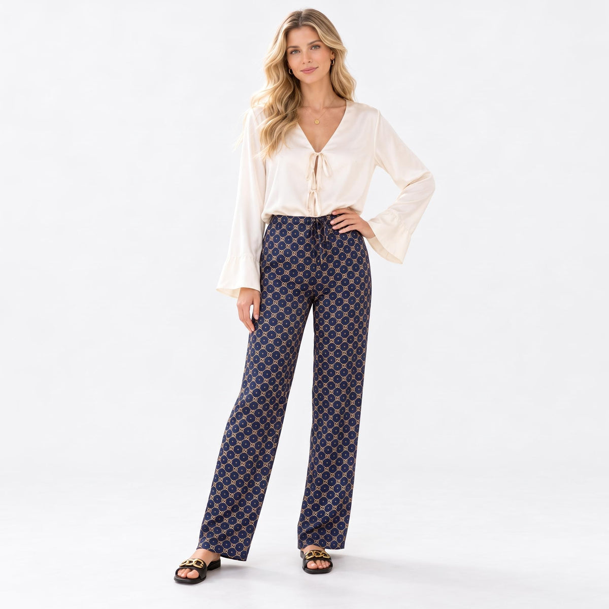 Geometric Print Wide Leg Pants for Women with Adjustable Waist