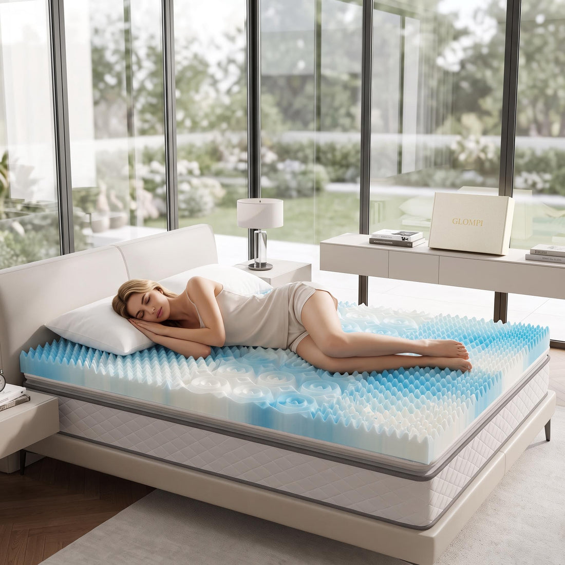 Woman sleeping on a 5-zone blue and white cooling gel memory foam mattress topper in a modern bedroom.
