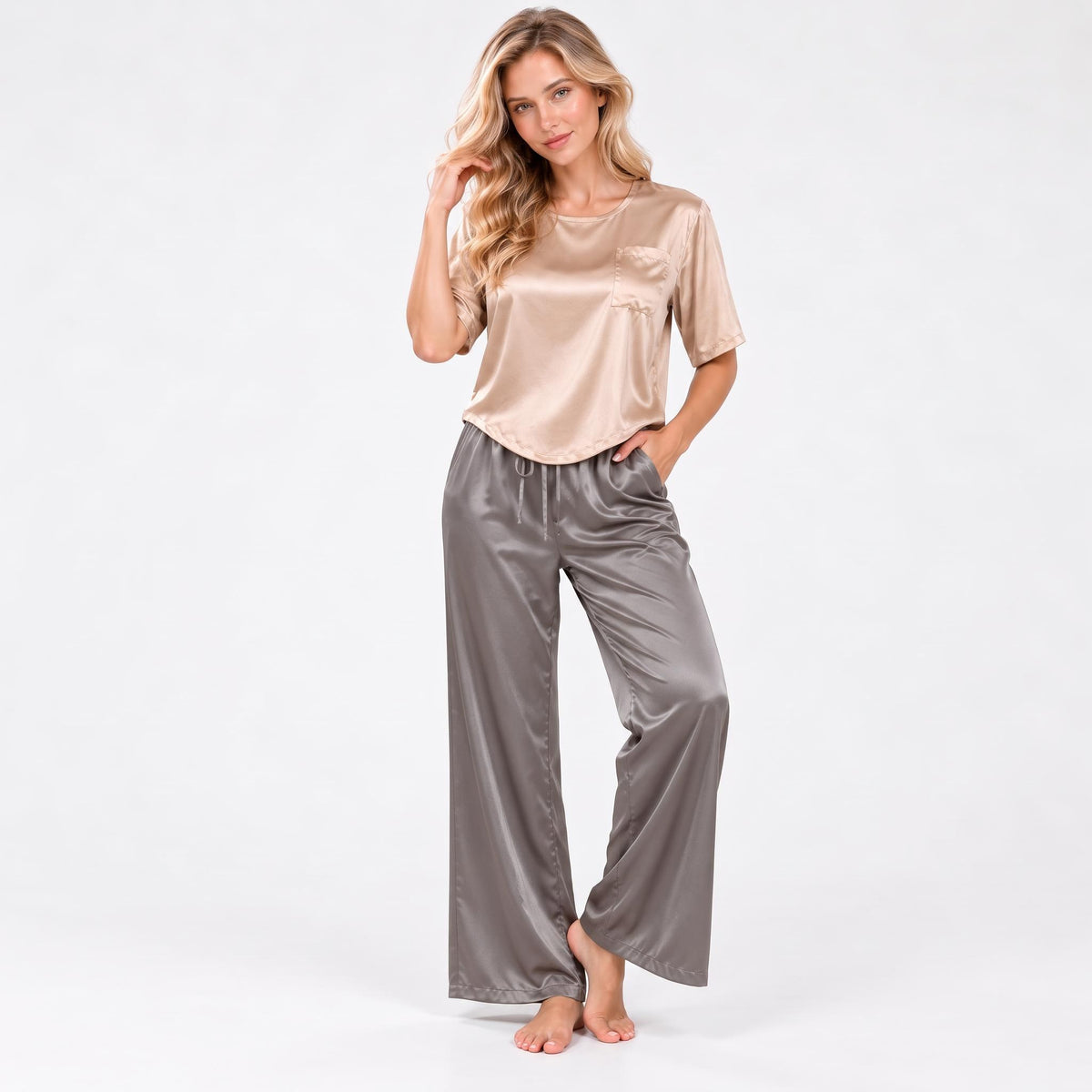 Elegant Silk Pajama Set for Women with Wide-Leg Pants