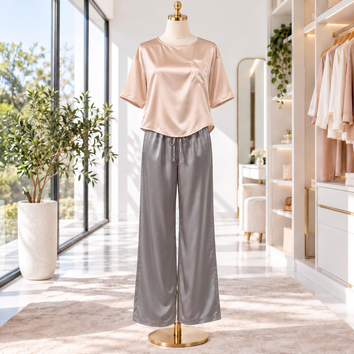 Elegant Silk Pajama Set for Women with Wide-Leg Pants