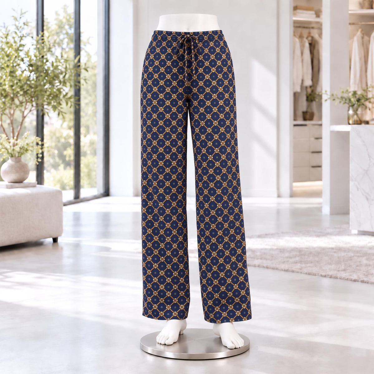 Geometric Print Wide Leg Pants for Women with Adjustable Waist