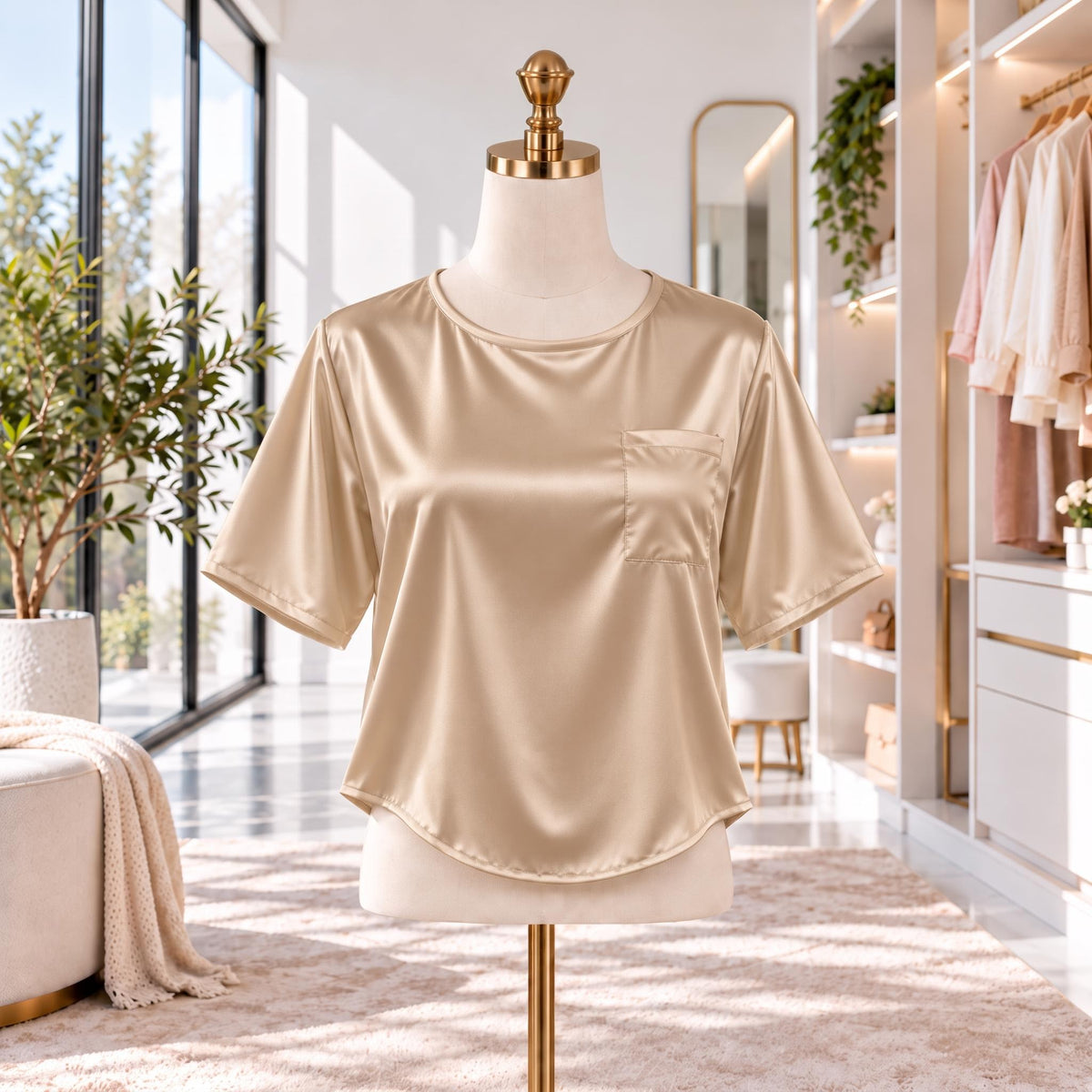 Mulberry Silk Short Sleeve Women's Blouse with U-Neck Design