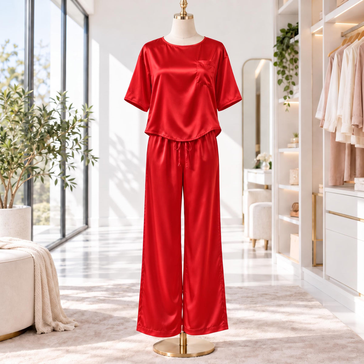 Elegant Silk Pajama Set for Women with Wide-Leg Pants