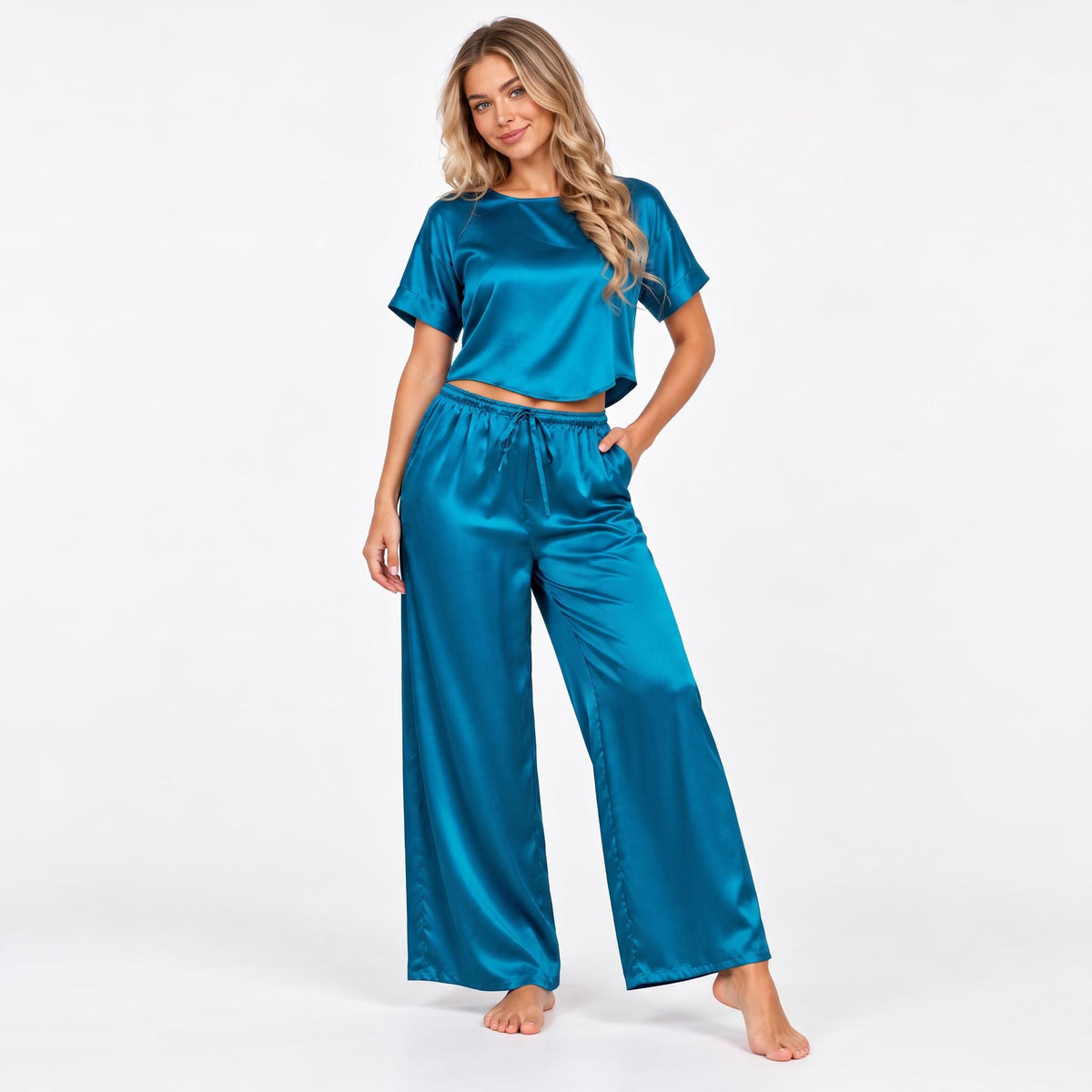 Elegant Silk Pajama Set for Women with Wide-Leg Pants