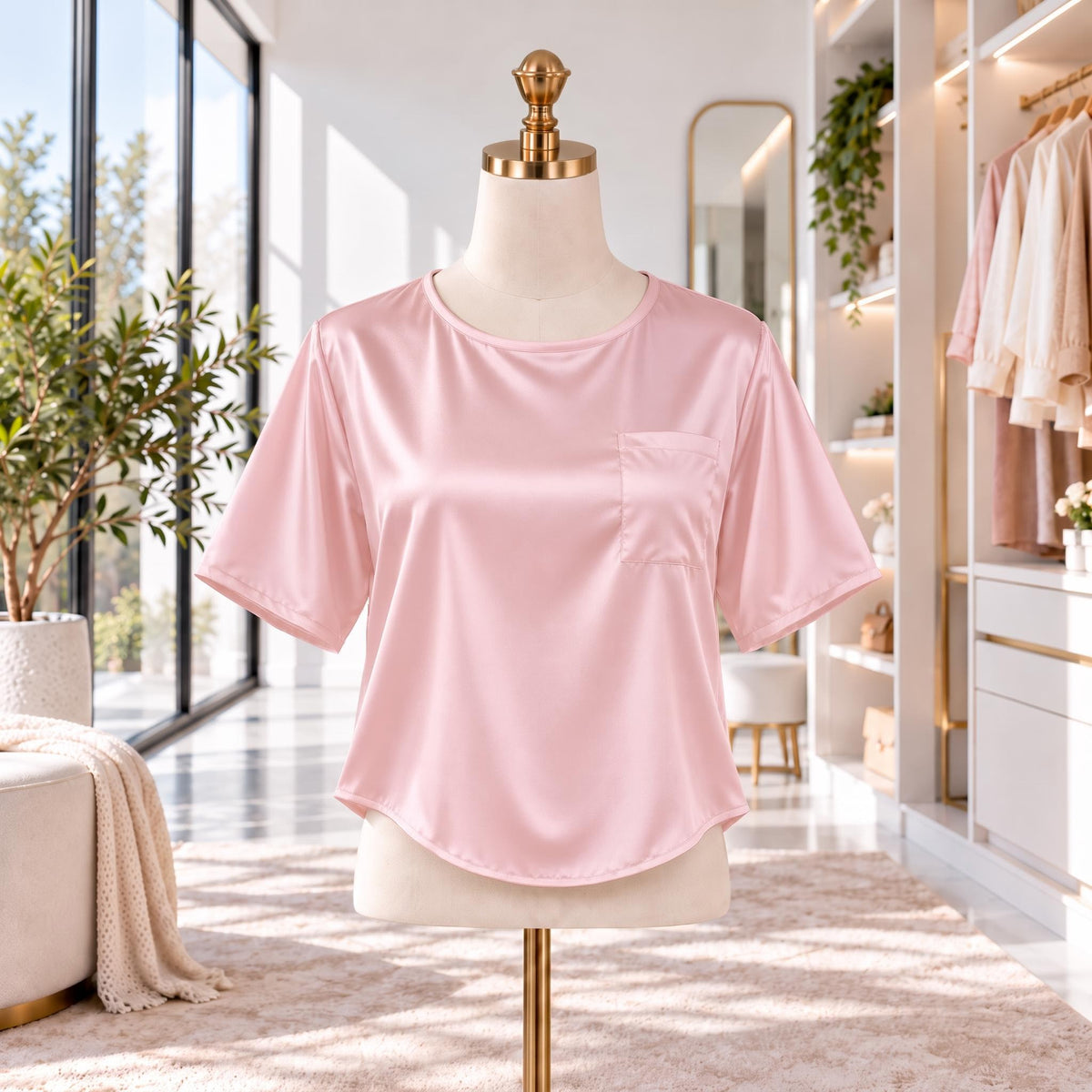 Mulberry Silk Short Sleeve Women's Blouse with U-Neck Design