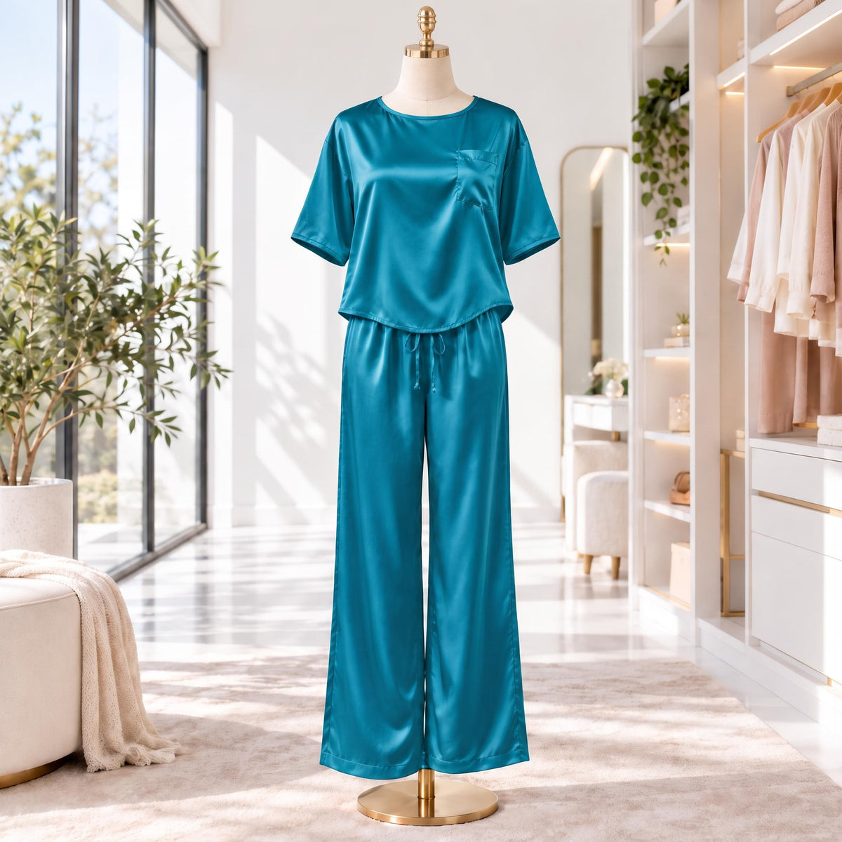 Elegant Silk Pajama Set for Women with Wide-Leg Pants