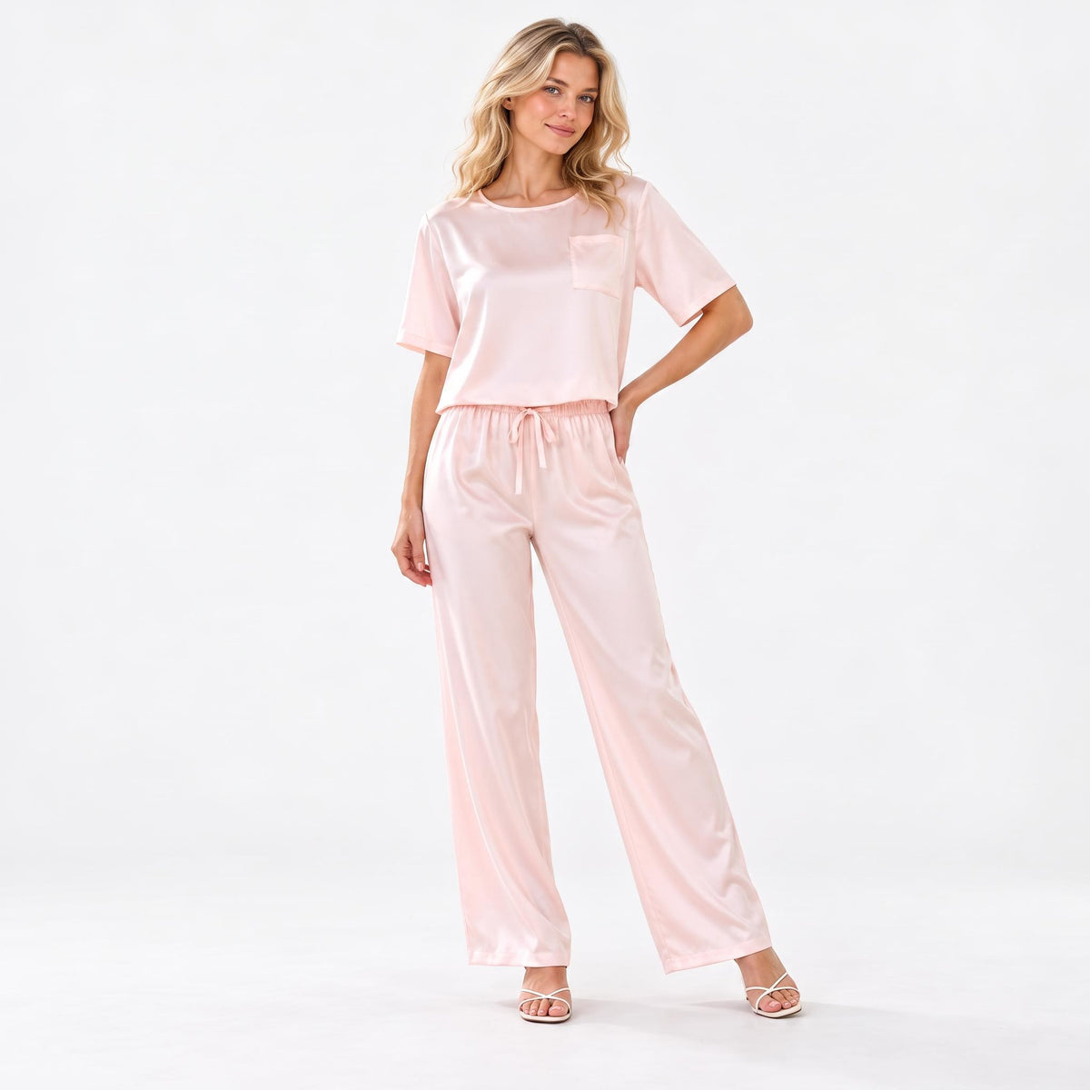 Elegant Silk Pajama Set for Women with Wide-Leg Pants