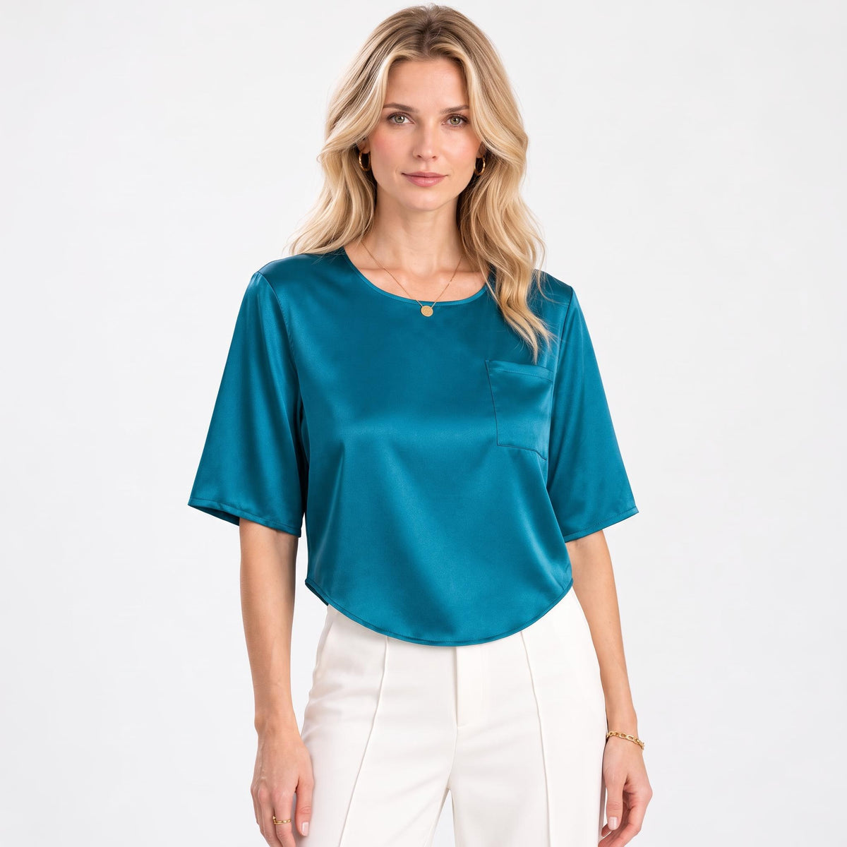 Mulberry Silk Short Sleeve Women's Blouse with U-Neck Design