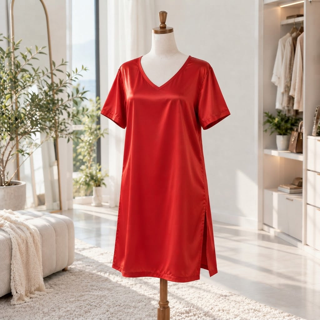 Elegant Silk Nightgown with V-Neck and Half Sleeves for Women
