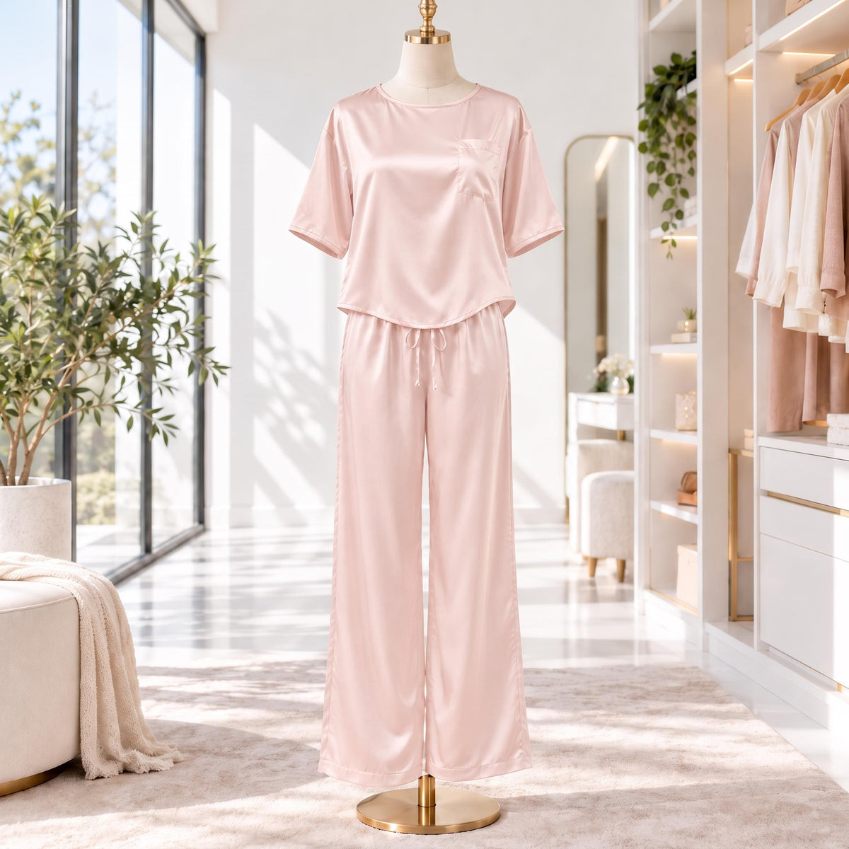 Elegant Silk Pajama Set for Women with Wide-Leg Pants