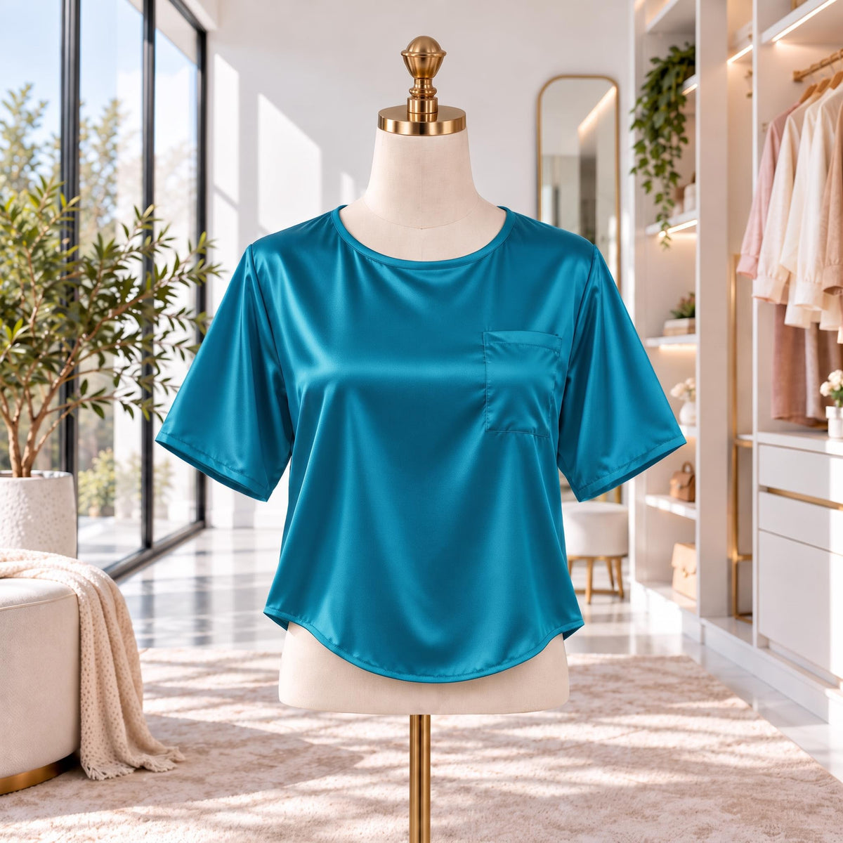 Mulberry Silk Short Sleeve Women's Blouse with U-Neck Design