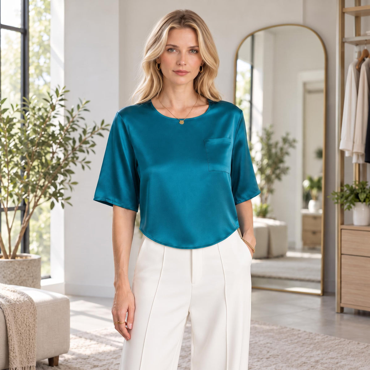 Mulberry Silk Short Sleeve Women's Blouse with U-Neck Design