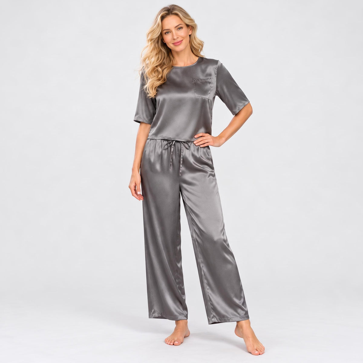 Elegant Silk Pajama Set for Women with Wide-Leg Pants