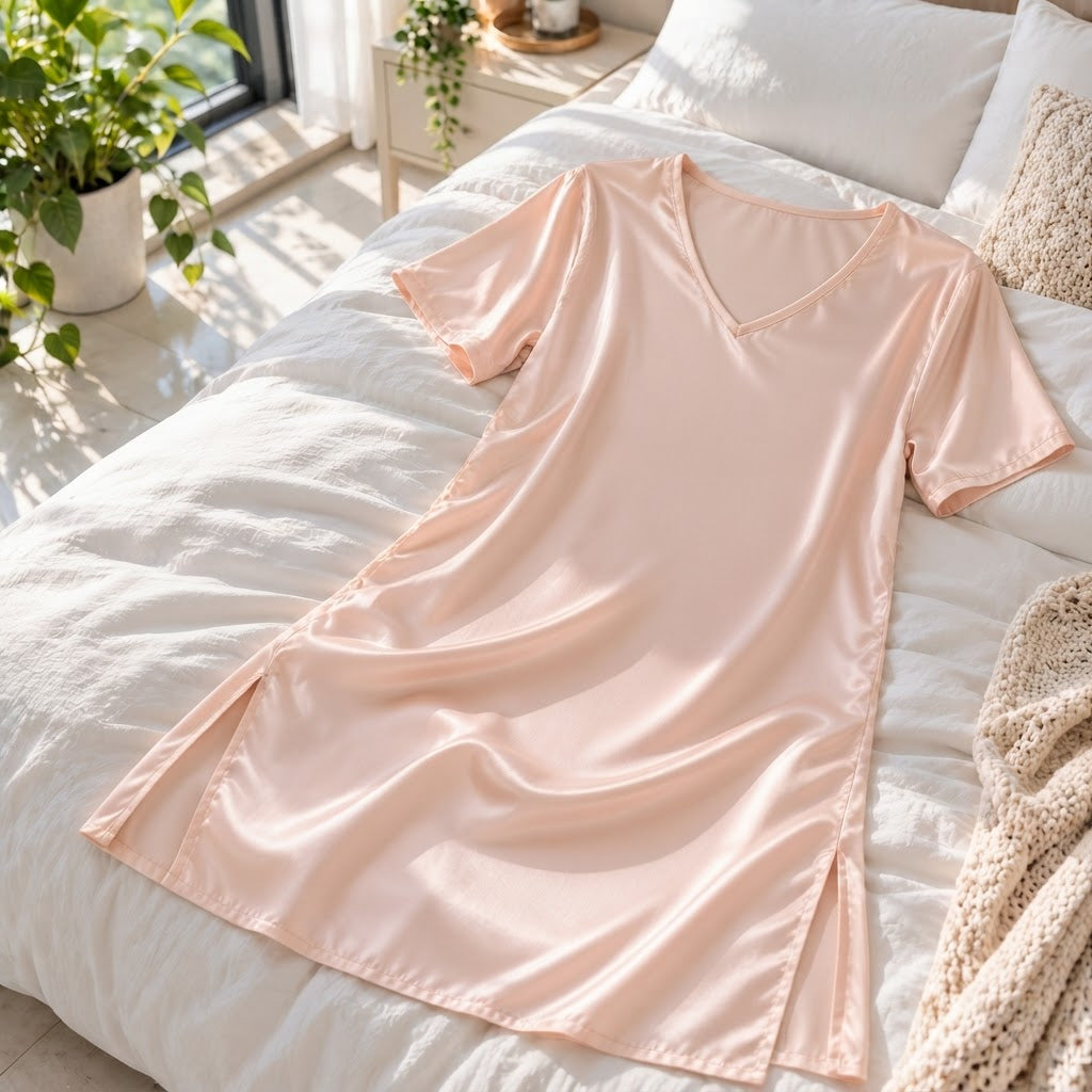 Elegant Silk Nightgown with V-Neck and Half Sleeves for Women
