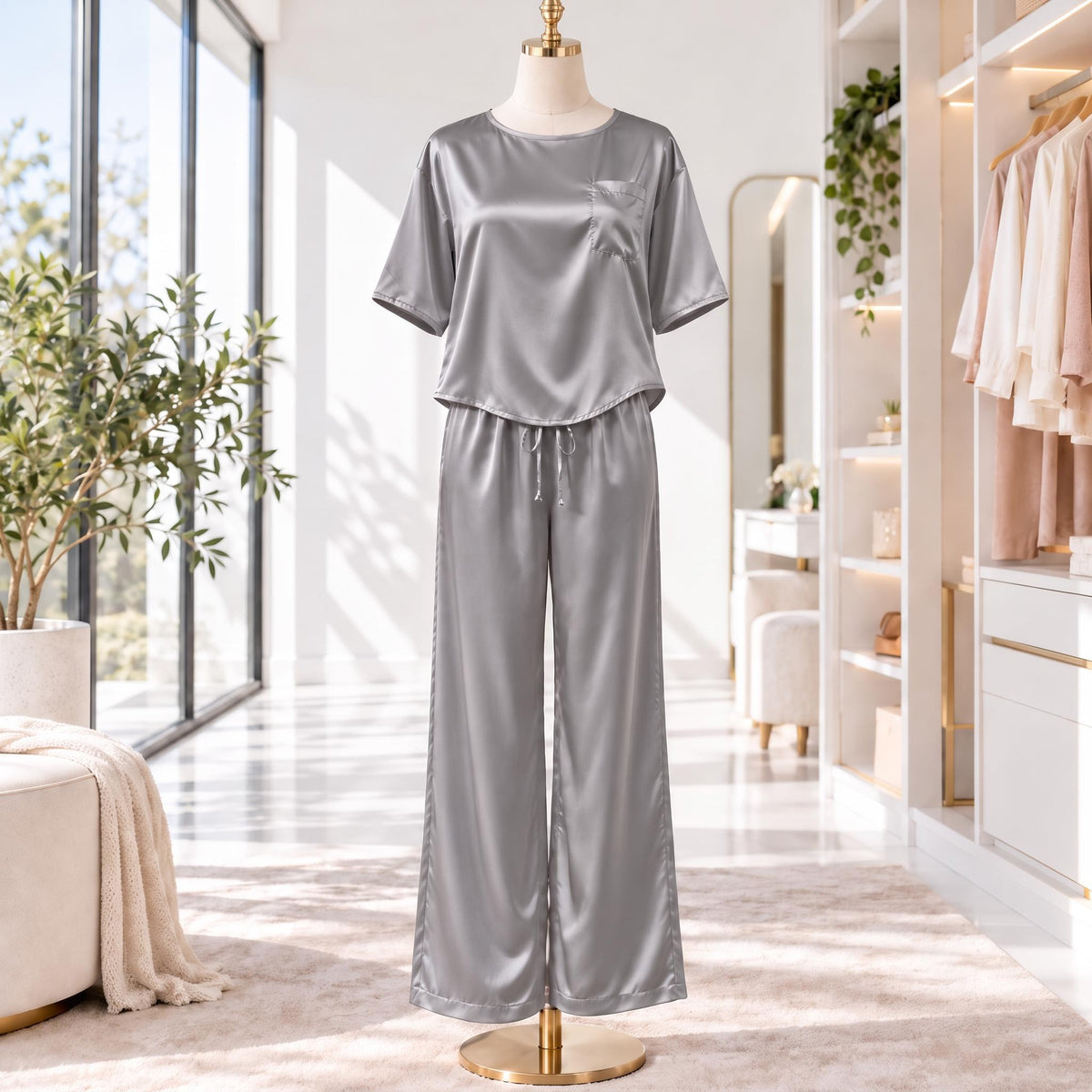 Elegant Silk Pajama Set for Women with Wide-Leg Pants