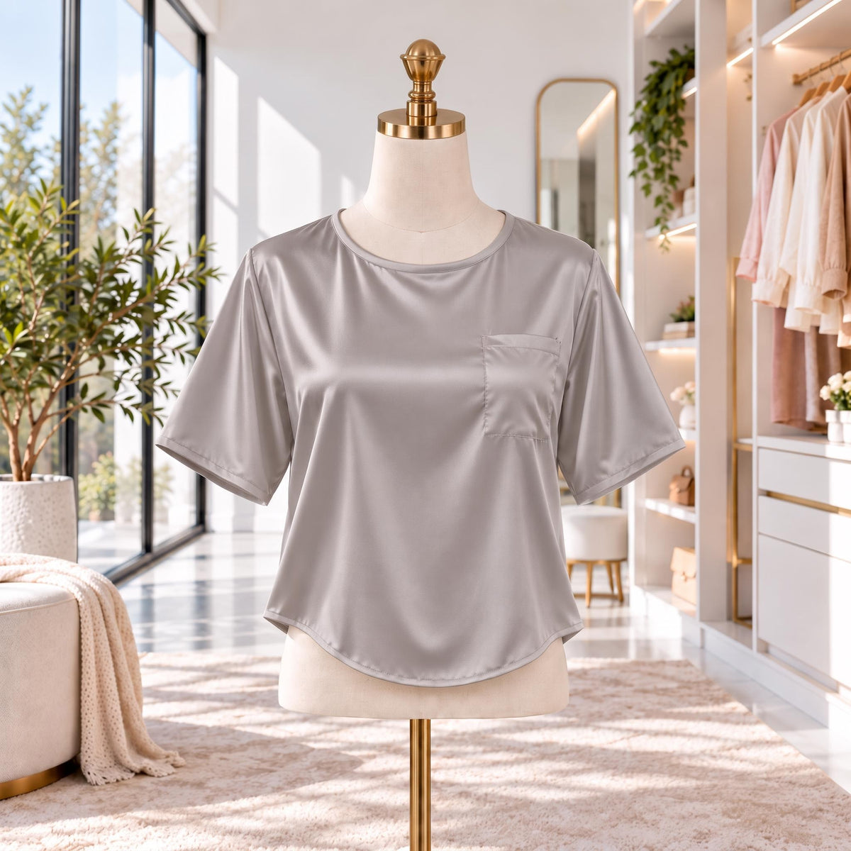 Mulberry Silk Short Sleeve Women's Blouse with U-Neck Design