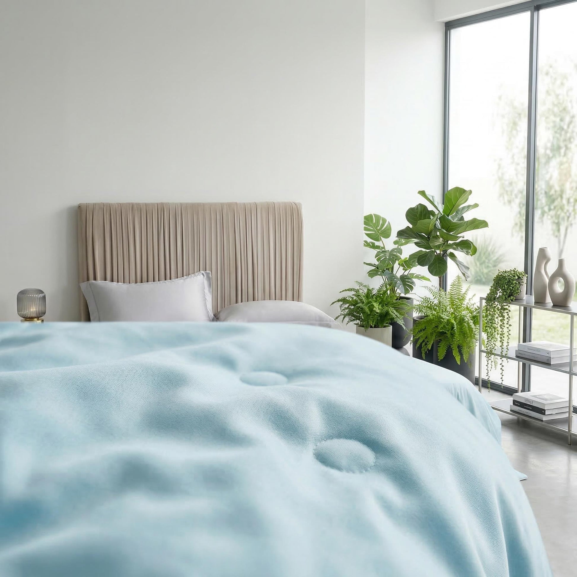 Light blue cooling blanket with circular tufting on a bed in a modern bedroom with plants and large window.