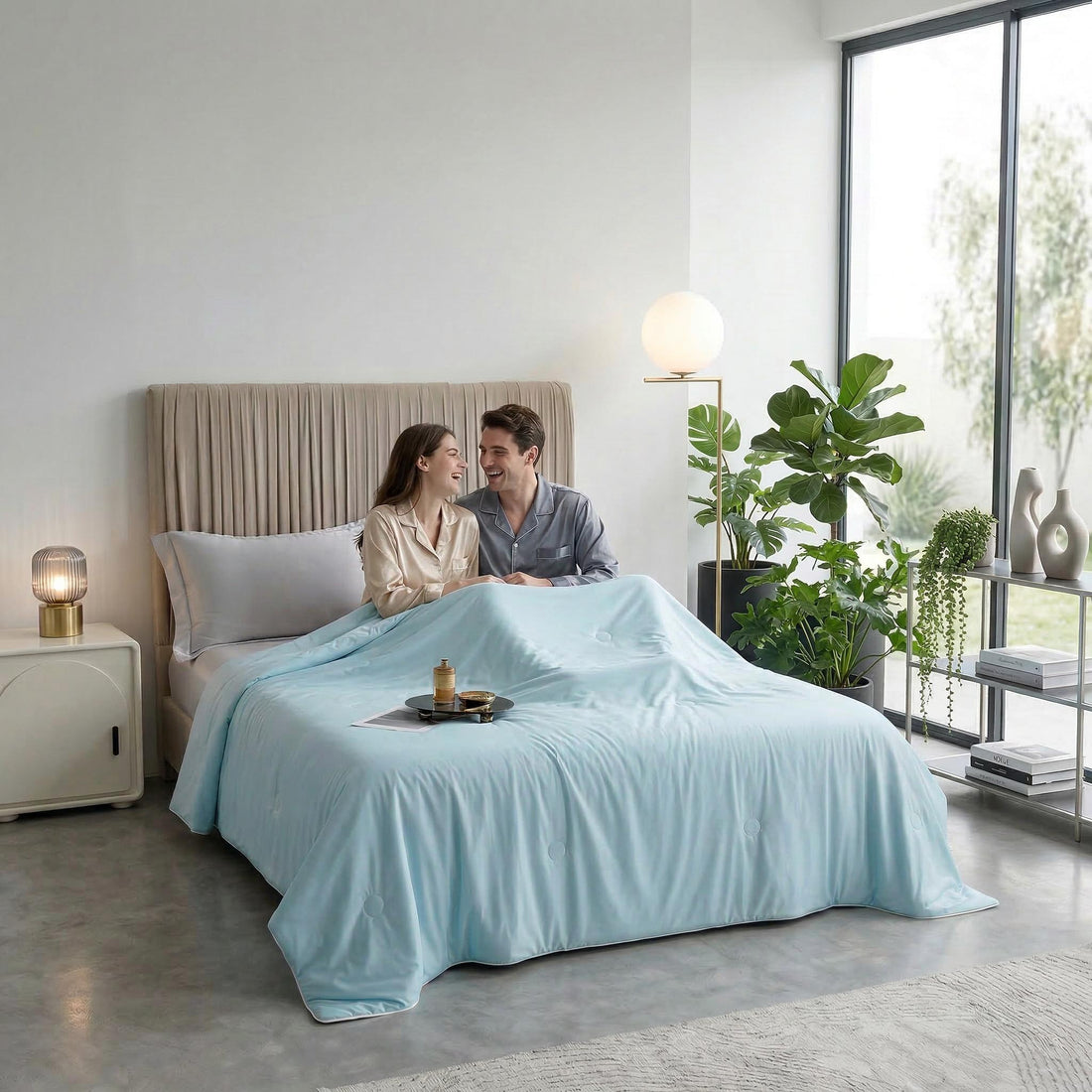 Couple smiling in bed under a light blue AC cooling blanket, with a breakfast tray.