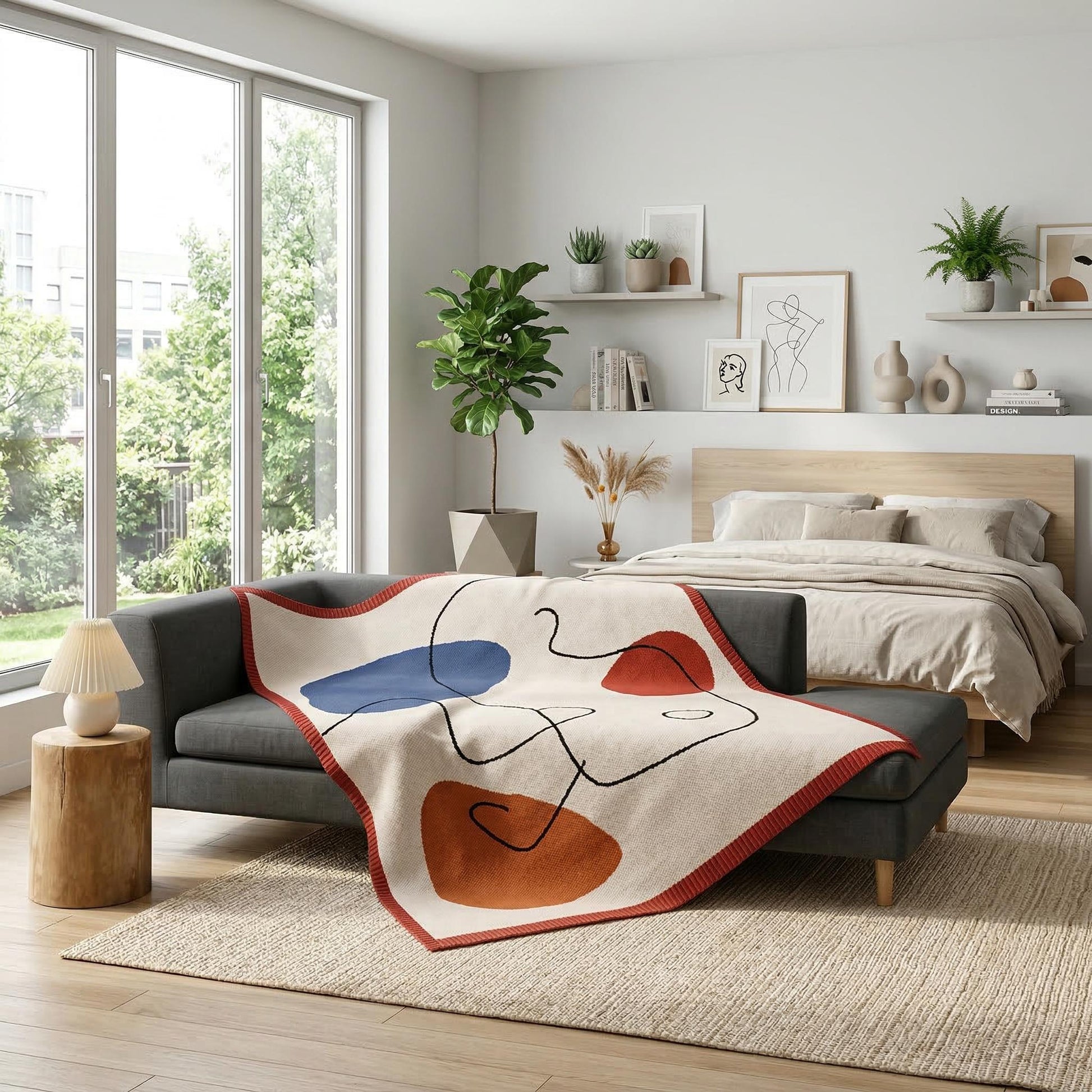 Abstract knitted throw blanket with organic shapes in earthy tones draped over a modern gray sofa.