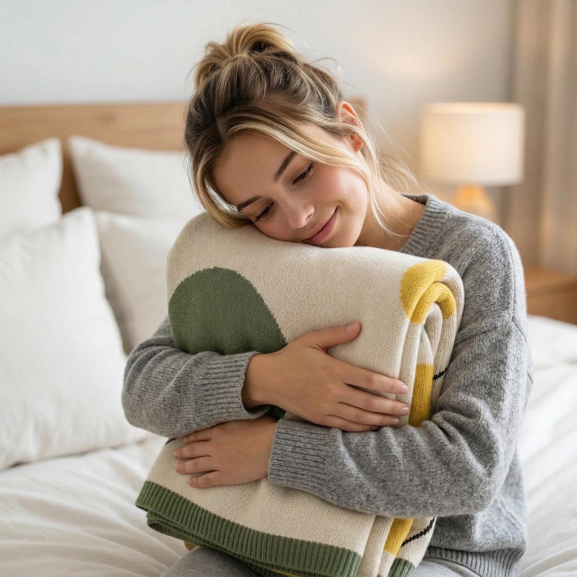 Woman hugging an Abstract Knitted Throw Blanket in earthy tones with organic shapes.