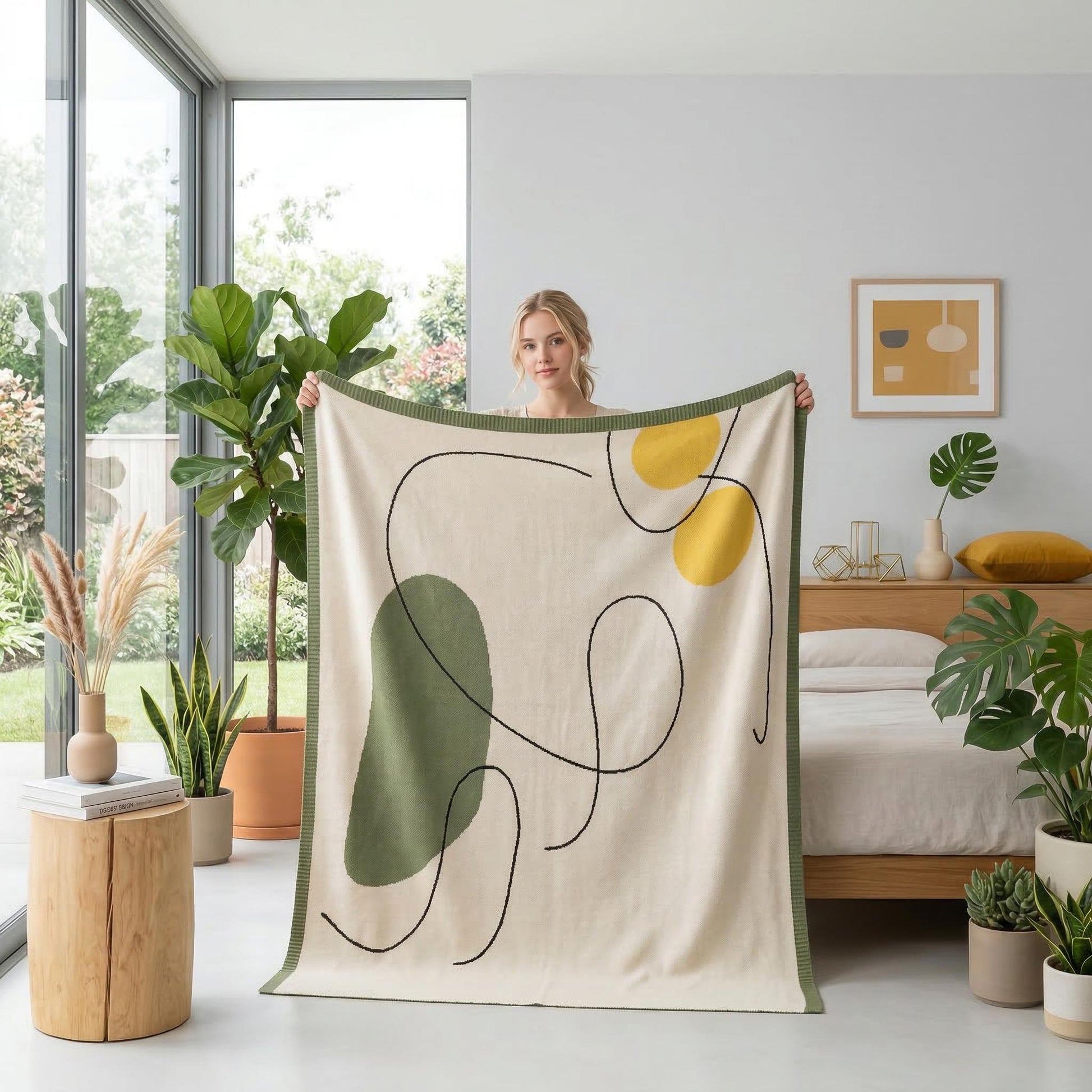 Woman holding a large knitted throw blanket with an abstract design in earthy tones.