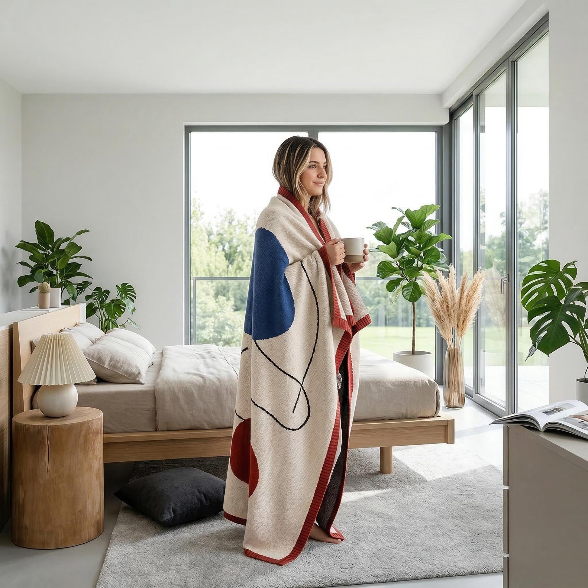 Woman wrapped in an Abstract Knitted Throw Blanket with earthy tones and organic shapes, in a modern bedroom.