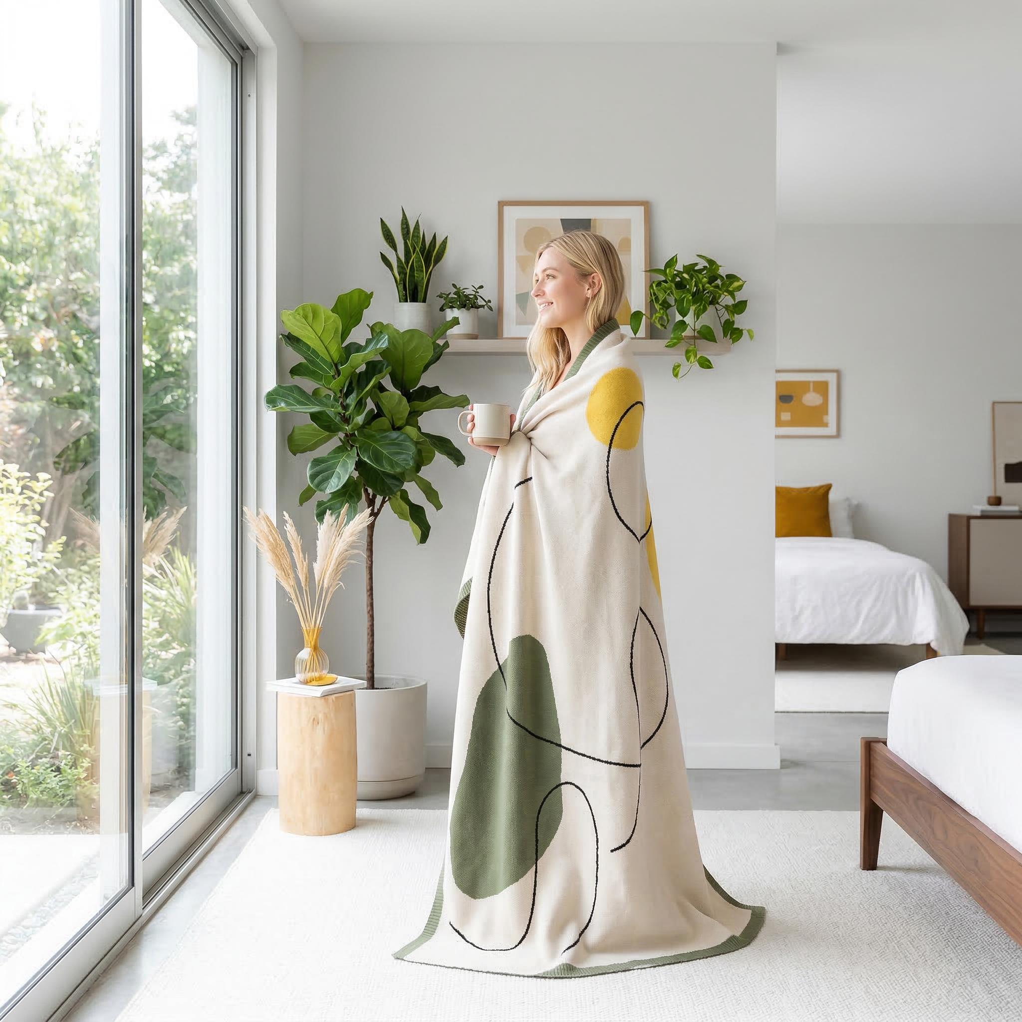 Woman wrapped in an Abstract Knitted Throw Blanket with earthy tones and organic shapes, holding a mug.